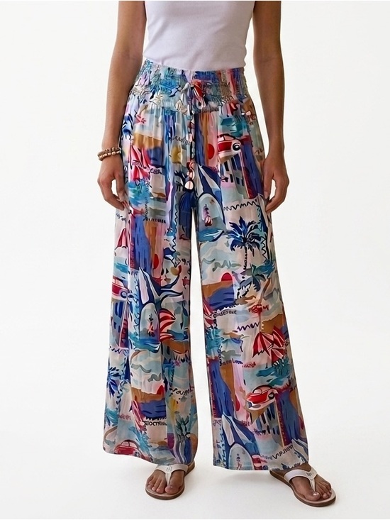 True Destinations Pants - True Destinations Coastal Wide Leg Palazzo Pants Medium Postcard Print Smocked